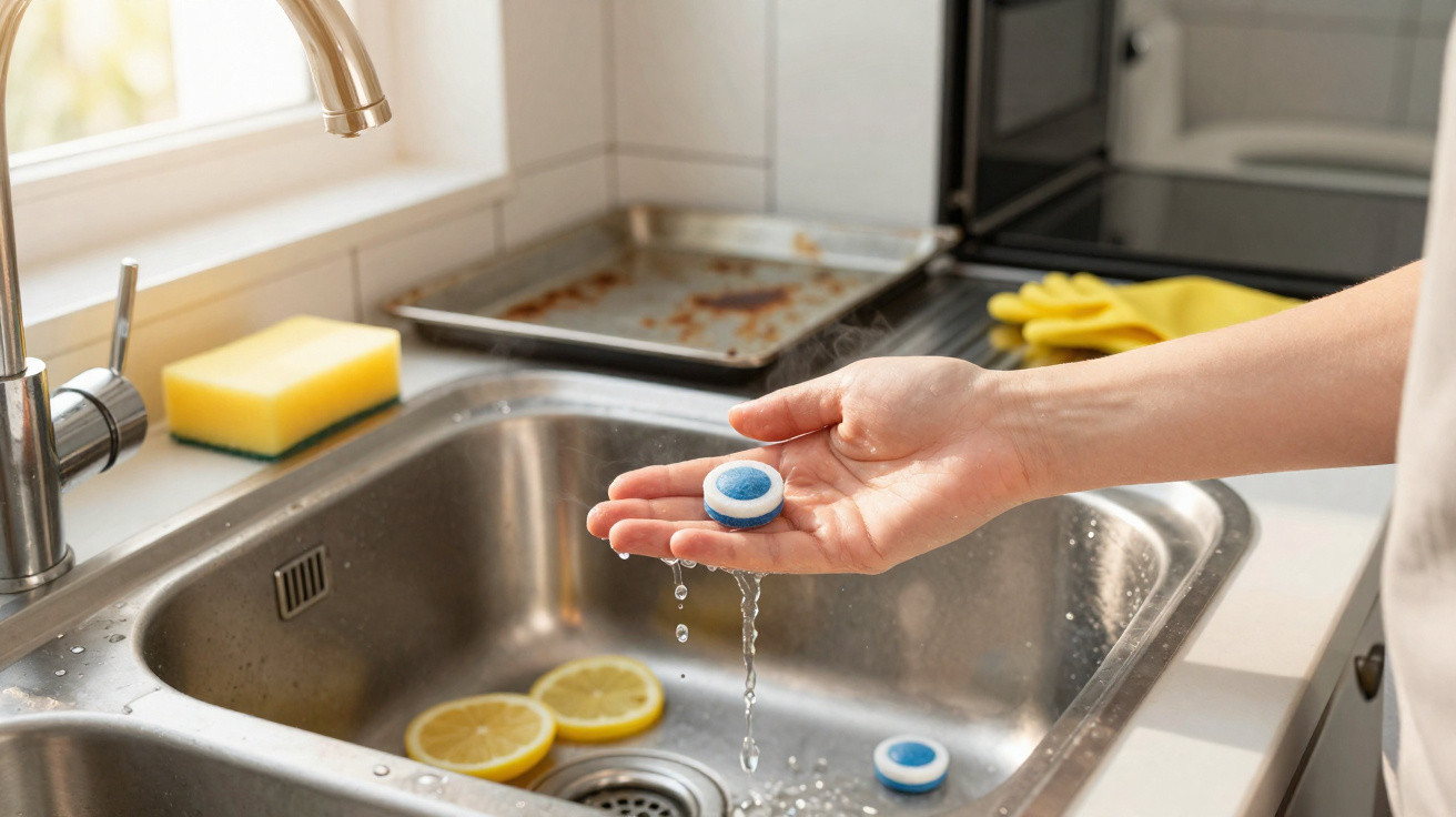 Hand holding a dishwasher tablet over a kitchen sink with lemon slices and water dripping.