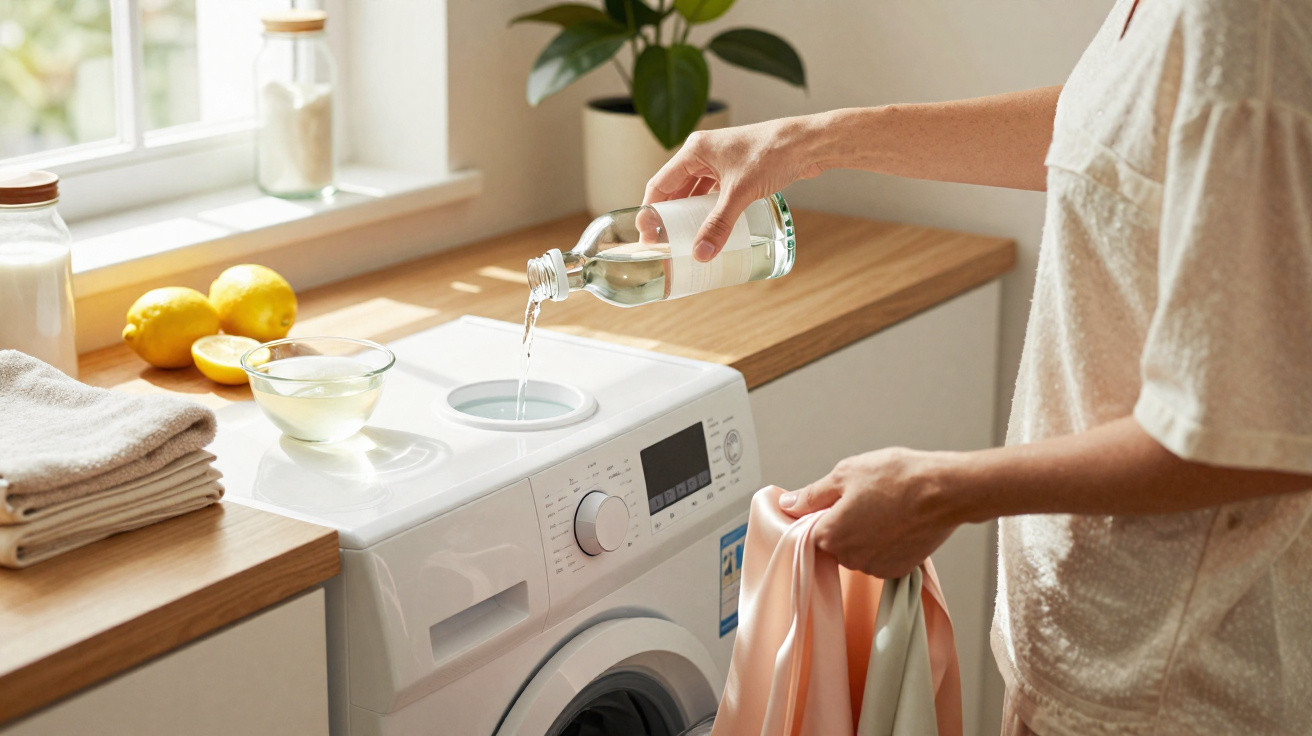Person pouring liquid into a washing machine detergent compartment in a bright, tidy laundry room.