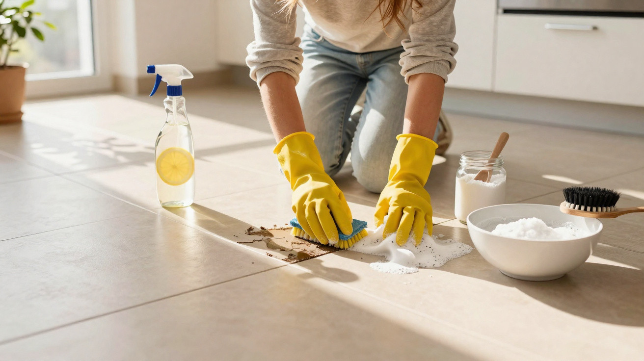 Person wearing yellow gloves scrubbing a tiled floor with cleaning supplies and lemon spray bottle nearby.