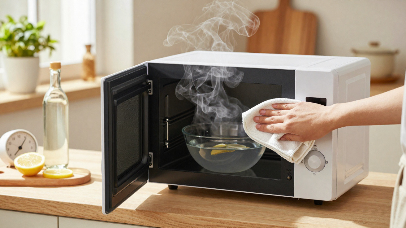 Hand wiping the open door of a steaming microwave with a white cloth in a kitchen.