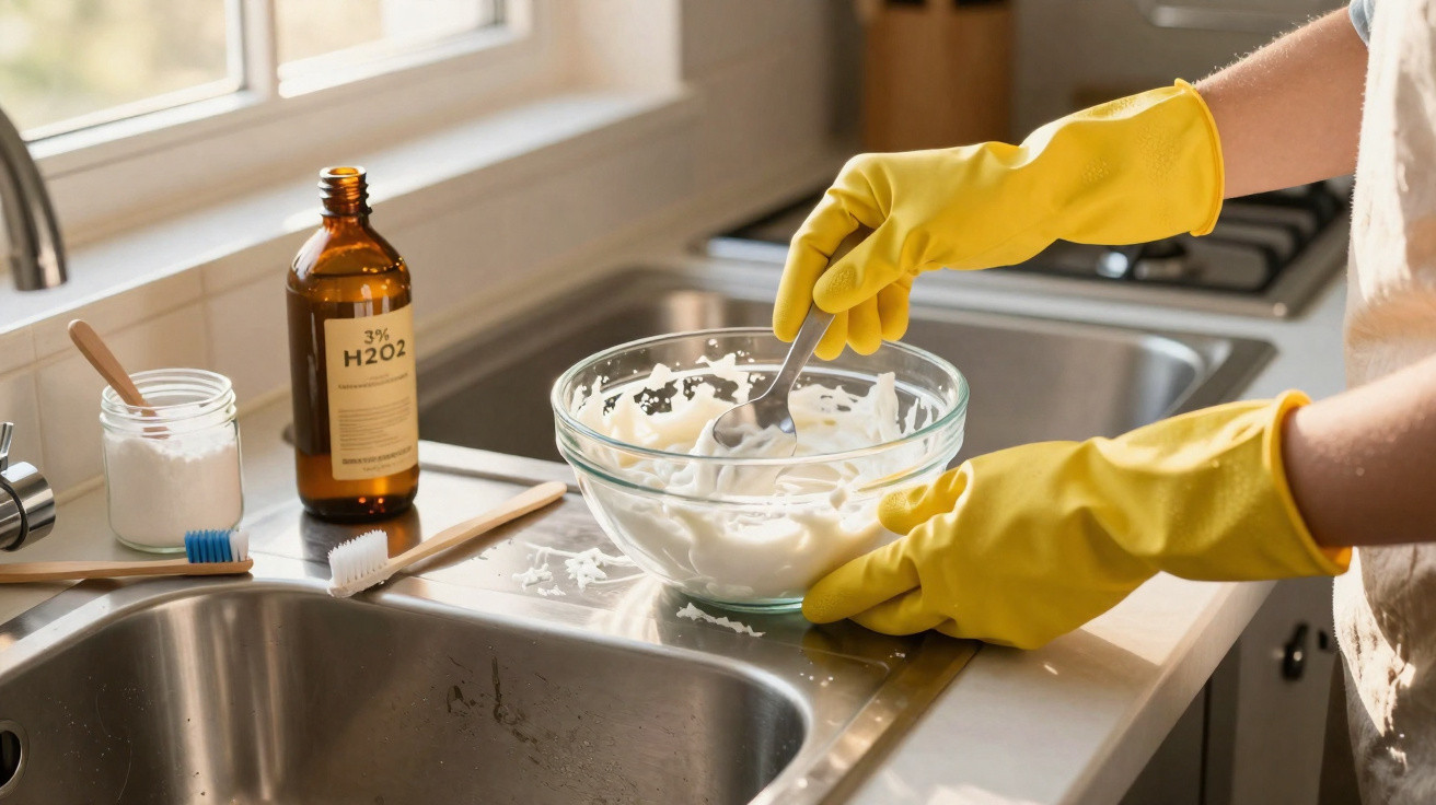 Person wearing yellow gloves stirring a white mixture in a glass bowl on a kitchen counter near sink.