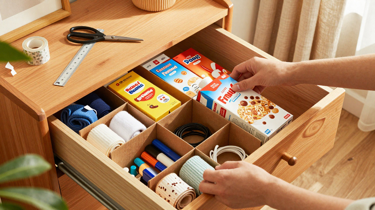 Open wooden drawer organiser with cereal boxes, socks, markers, cables, and hands arranging items inside.