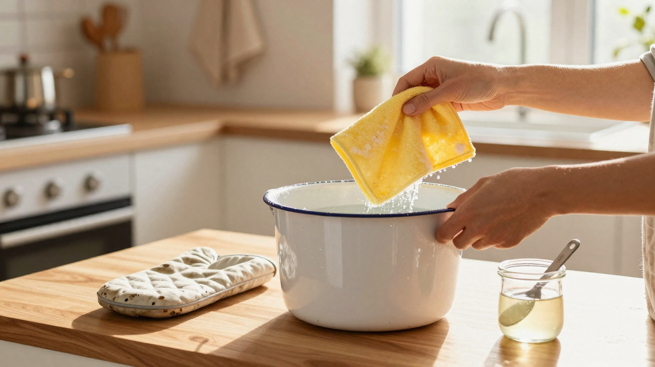 Hands wringing out a yellow cloth over a white enamel bowl on a wooden kitchen countertop.