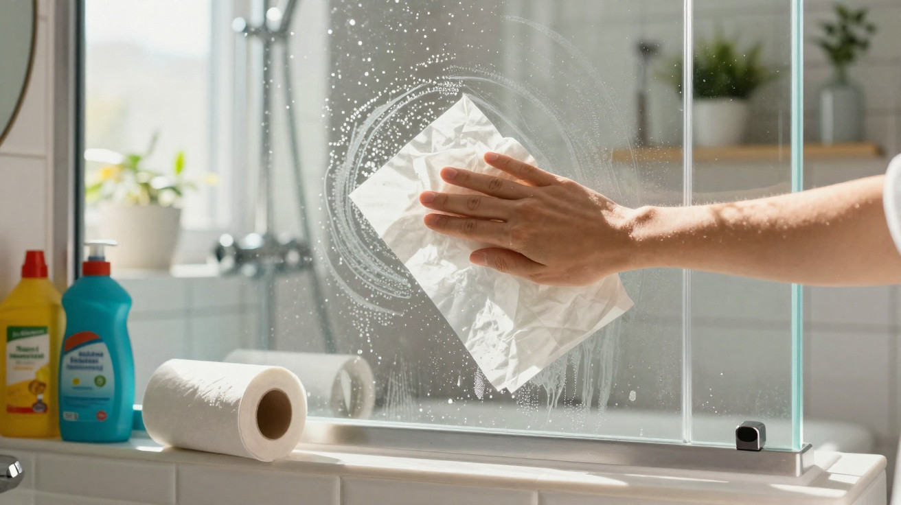 Hand wiping a glass shower door with a white cloth in a bright bathroom setting.