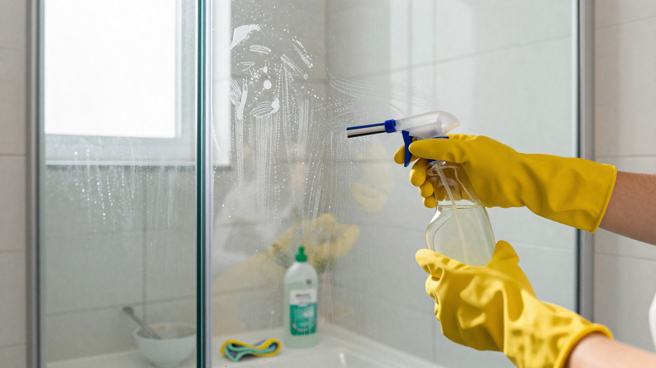Person wearing yellow gloves cleaning a glass shower door with spray bottle and cloth in bathroom.