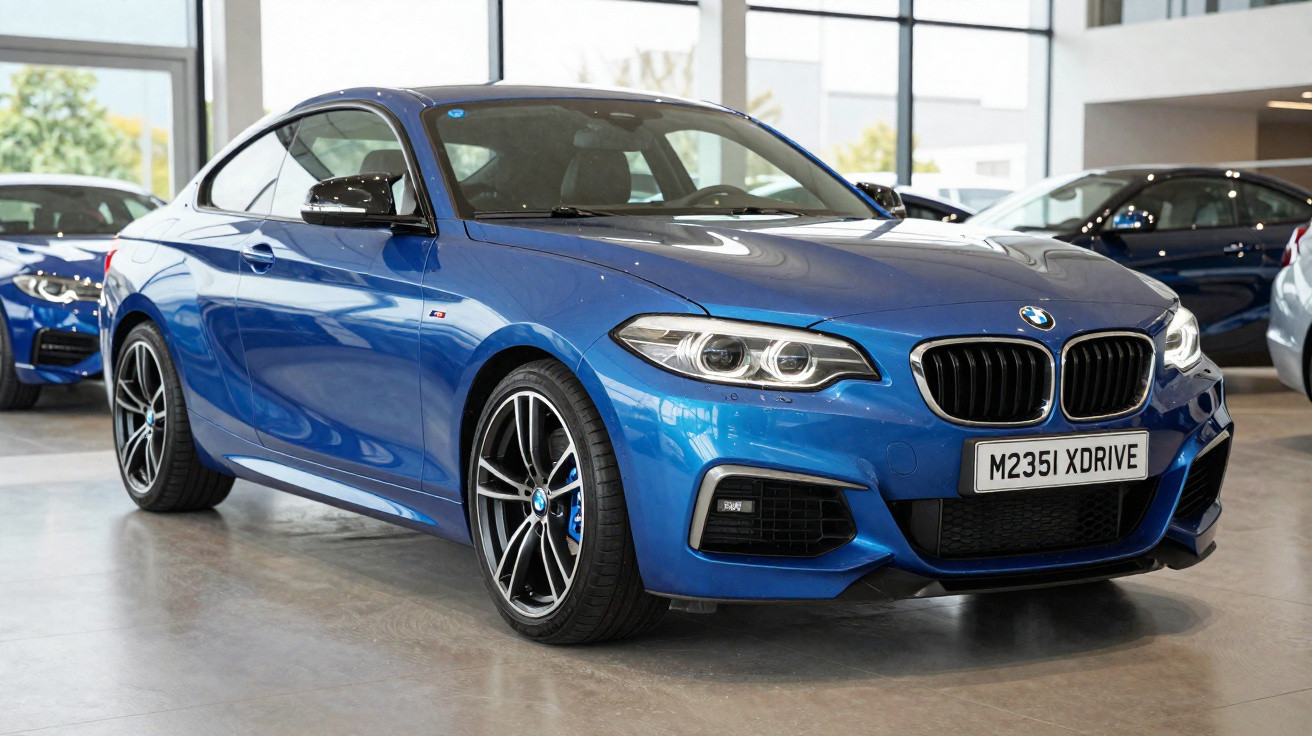 Blue BMW M235i xDrive coupe parked indoors in a showroom with polished floor and other cars visible.