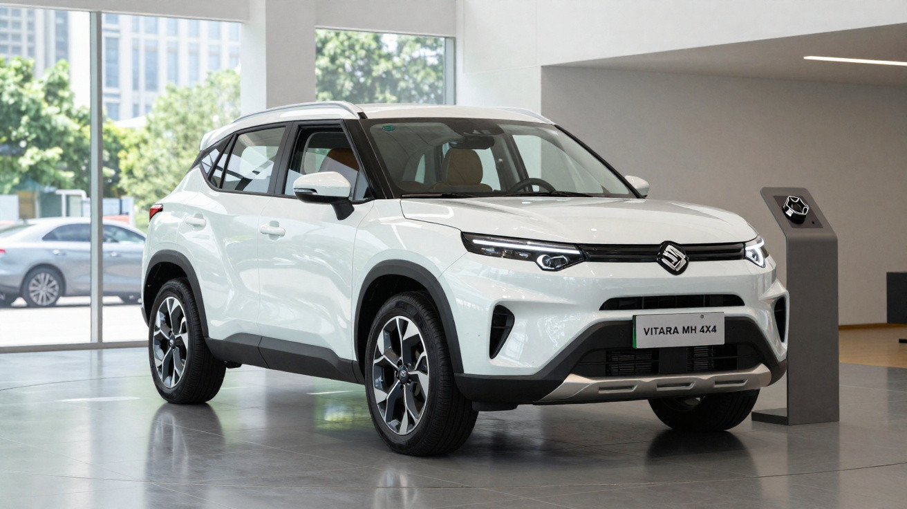 White Suzuki Vitara MH 4x4 SUV displayed in a modern showroom with large windows and city view outside.