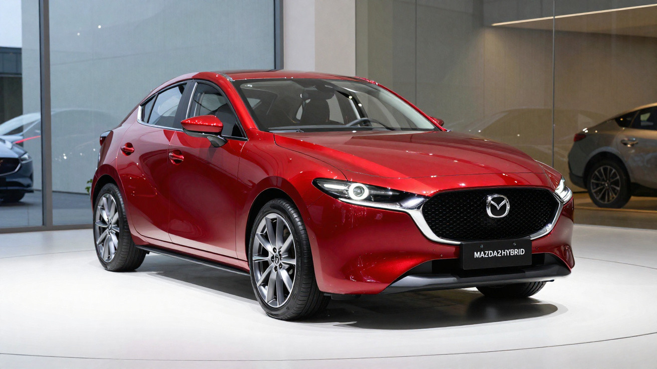 Red Mazda 2 Hybrid hatchback displayed indoors on a white platform with modern showroom background.