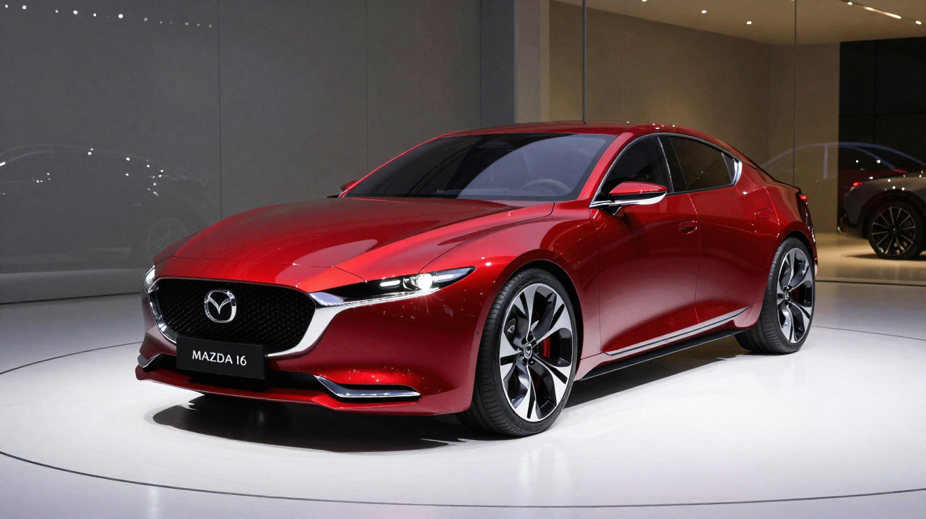 Red Mazda 16 concept car with sleek design and black tinted windows displayed on a white circular platform.