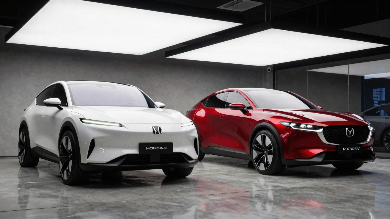 White Honda e and red Mazda MX-30 EV electric cars displayed in a modern showroom with reflective floor.