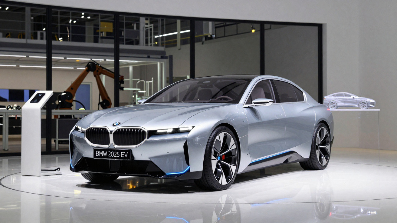 Silver BMW 2025 EV electric concept car displayed in a showroom with futuristic design elements.