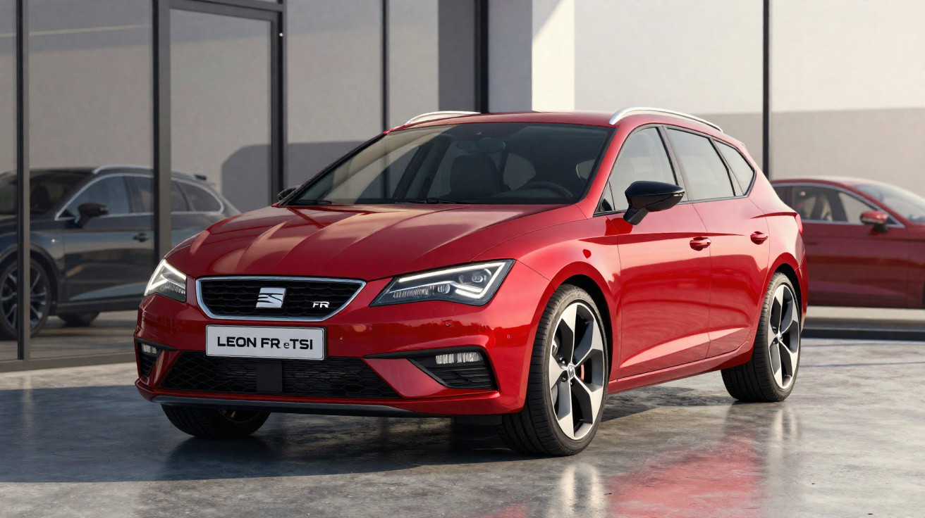 Red SEAT Leon FR+TSI hatchback parked indoors with reflective flooring and glass windows behind.