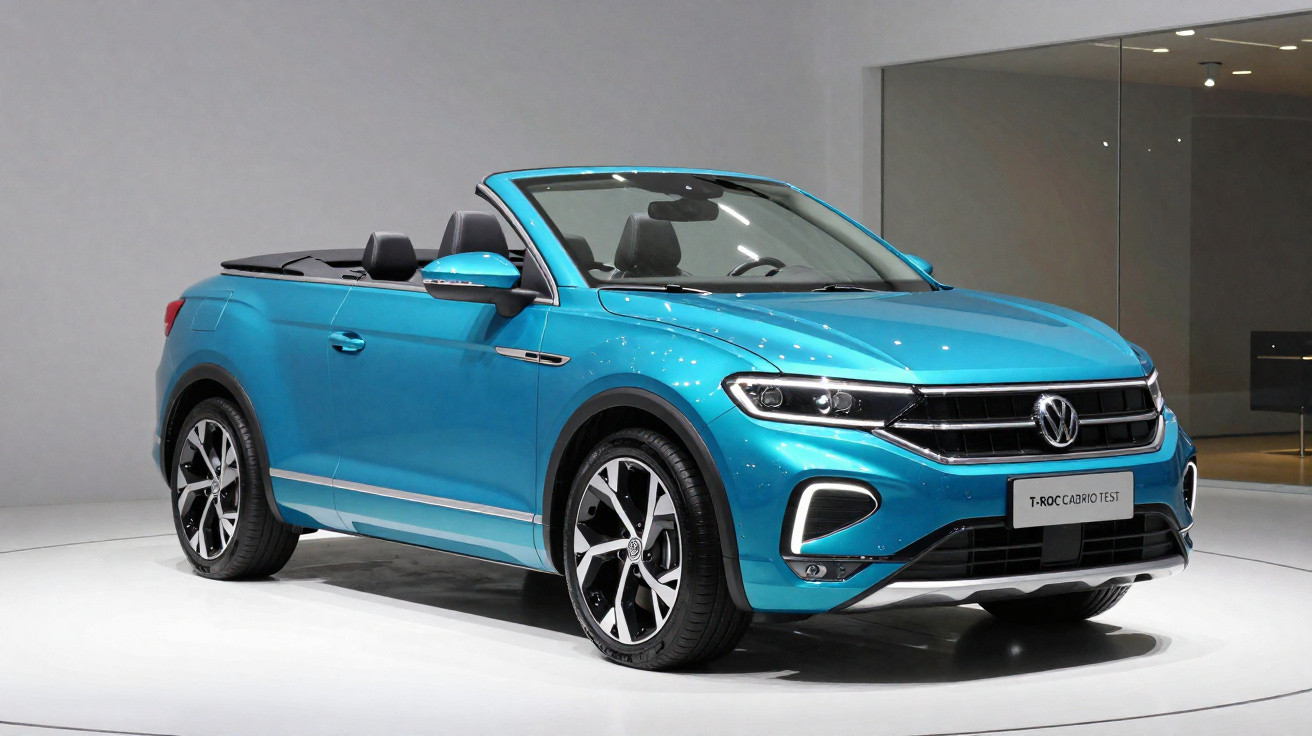 Blue Volkswagen T-Roc Cabriolet convertible displayed indoors on white floor under bright lighting.