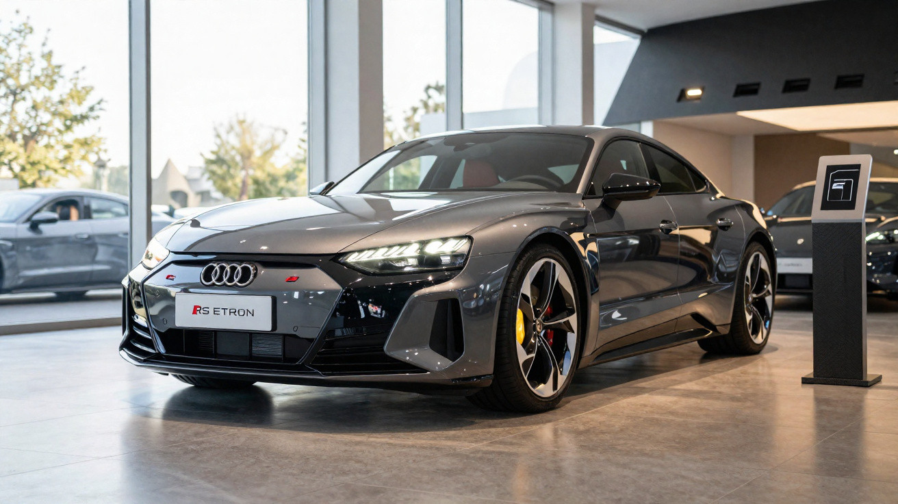Black Audi RS e-tron GT electric car displayed in a showroom with floor-to-ceiling windows.