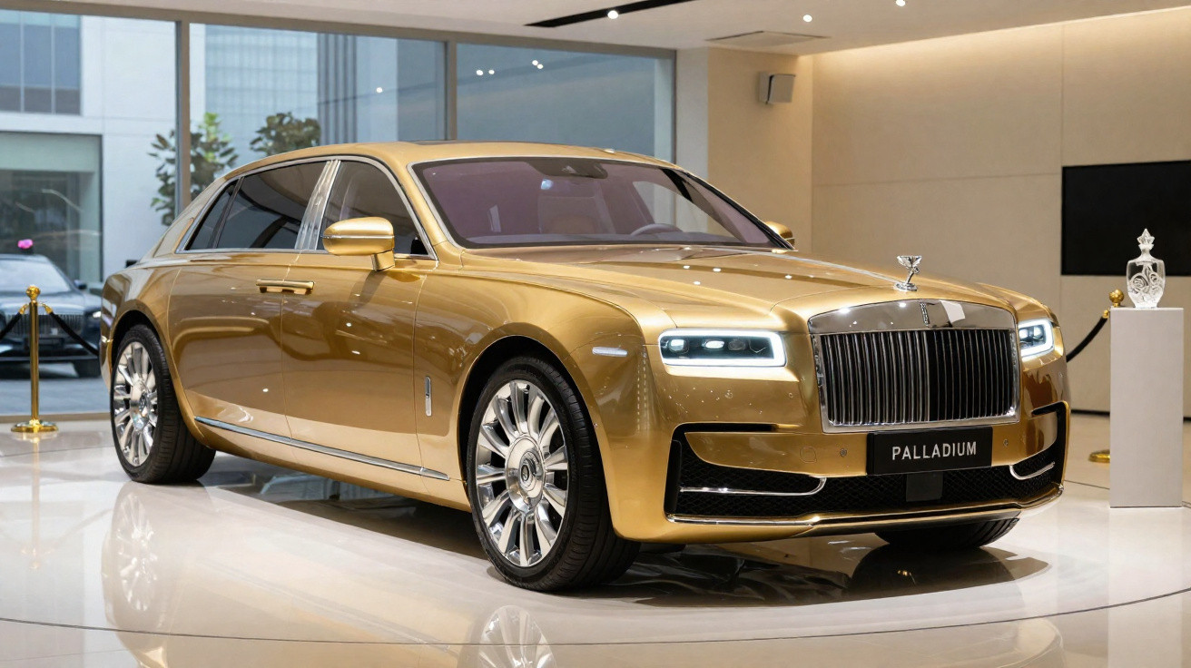 Gold Rolls-Royce Palladium luxury sedan displayed indoors with polished chrome wheels and illuminated headlights.