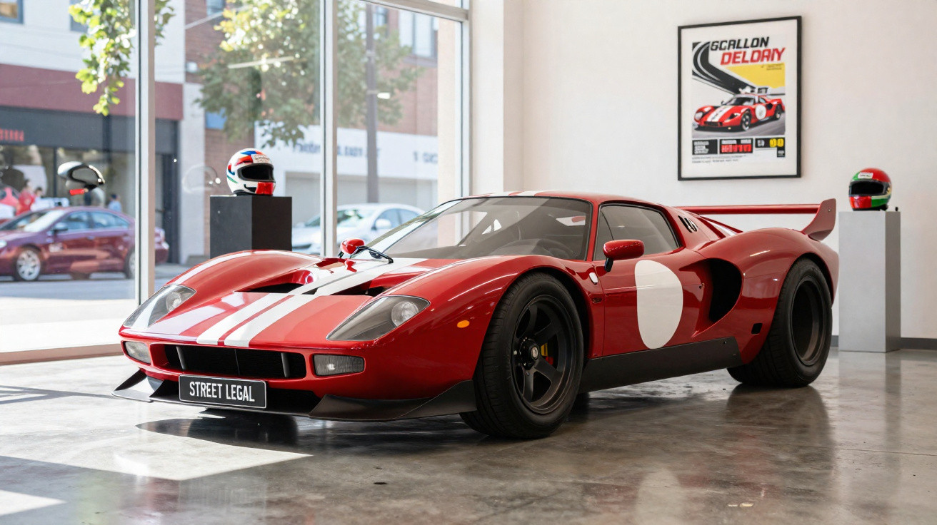 Red classic race car with white stripes and number 0, displayed indoors with helmets and poster in background.