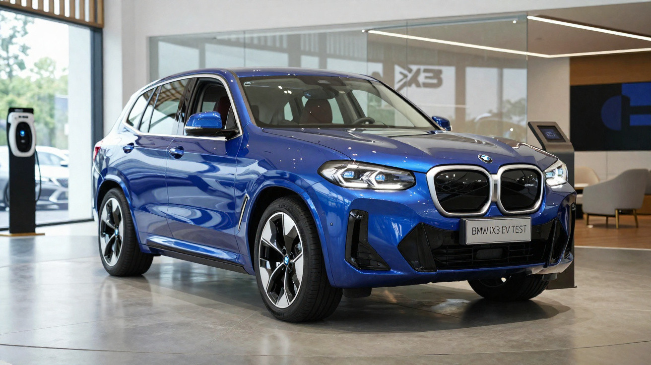 Blue BMW iX3 electric SUV displayed indoors with sleek modern design and large kidney grille badges.