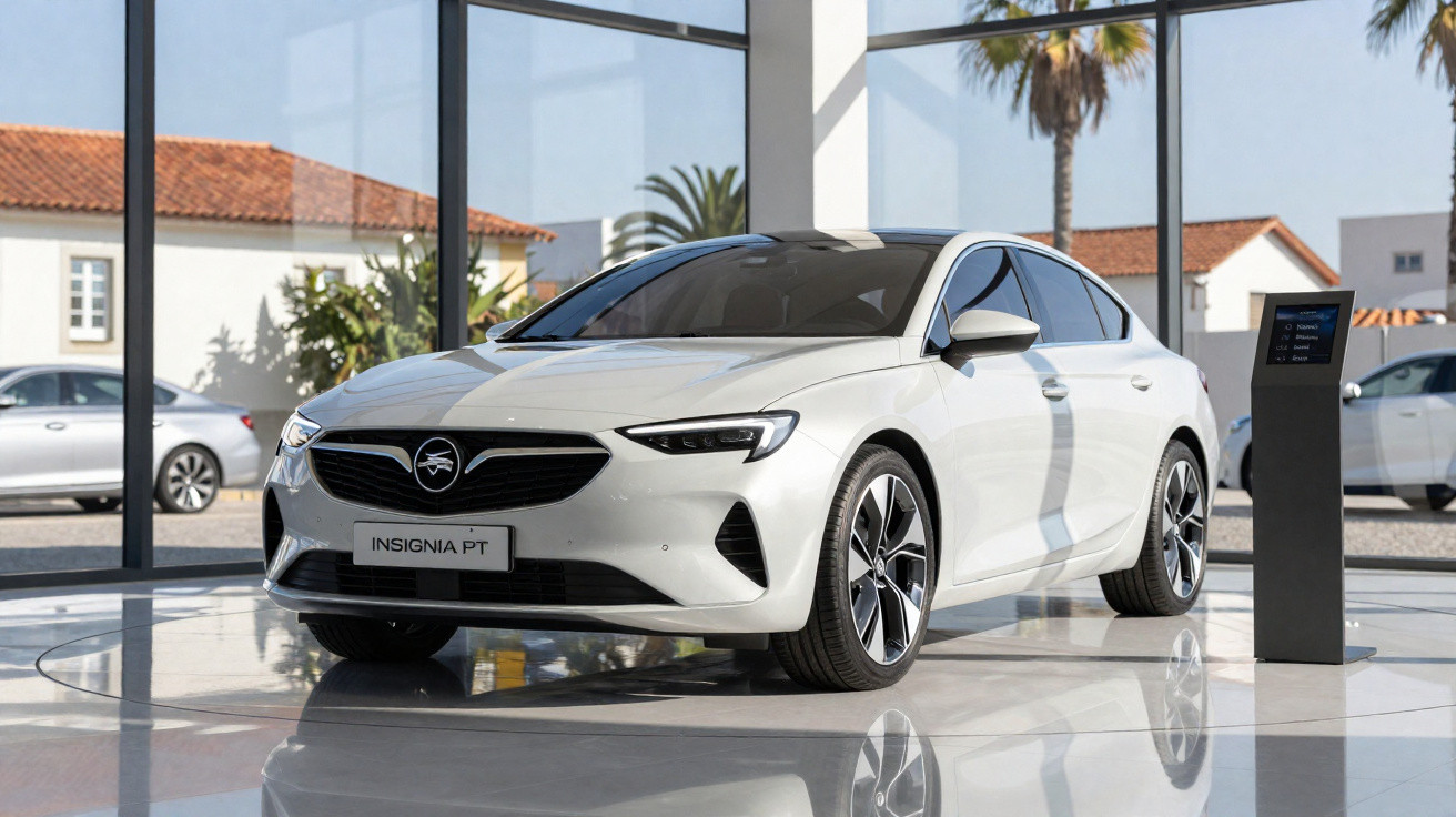 White Opel Insignia PT sedan displayed inside a showroom with glass walls and palm trees outside.
