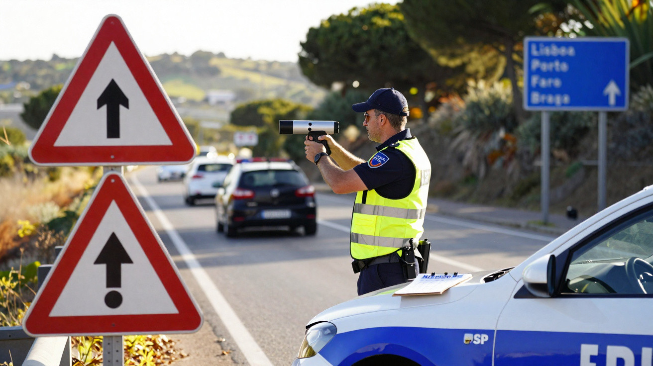 Police officer in high-visibility vest using speed radar gun beside patrol car on roadside with traffic signs.