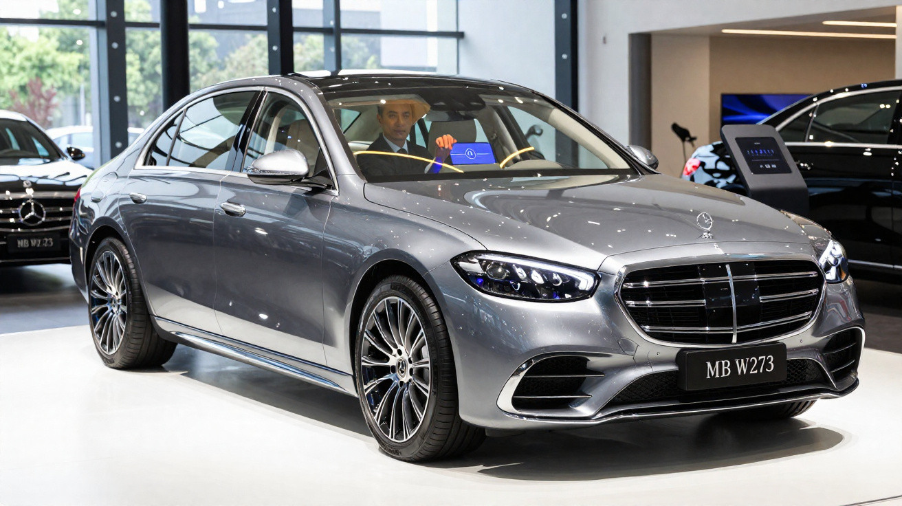 Silver Mercedes-Benz MB W273 luxury sedan displayed indoors with a man seated inside on driver’s side.