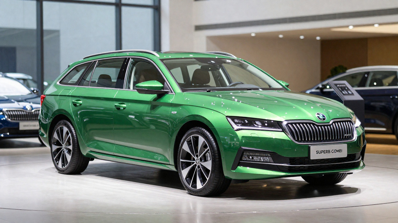 Green Škoda Superb Combi estate car displayed indoors on showroom floor with other cars in background.