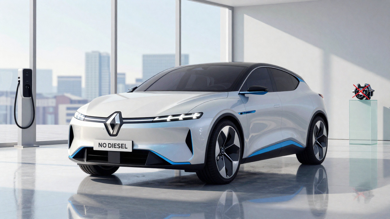White futuristic electric car with "NO DIESEL" plate in a modern showroom with cityscape background.