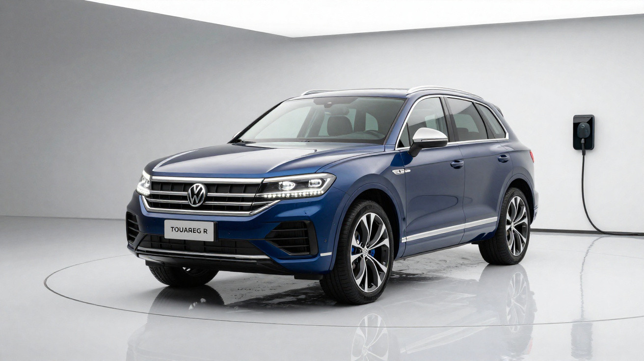 Blue Volkswagen Touareg R plug-in hybrid SUV on display in white studio with charging cable connected to wall socket.