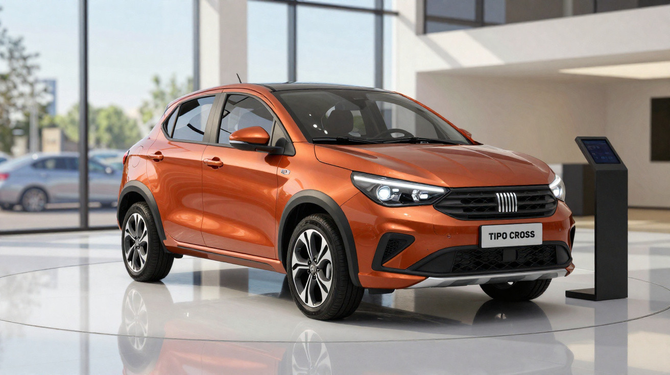 Orange Fiat Tipo Cross hatchback displayed in a modern showroom with large windows and a digital stand.