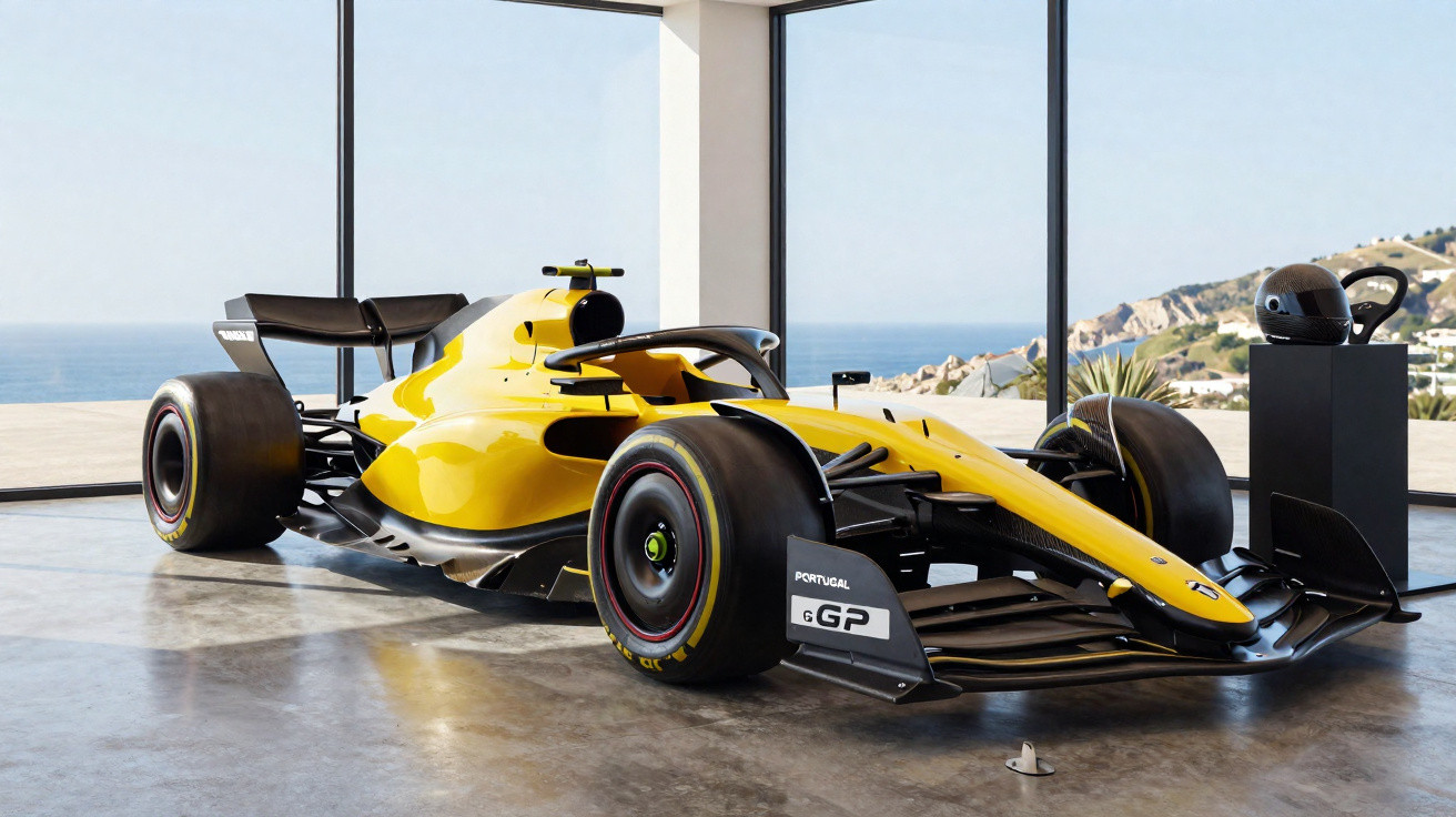 Yellow Formula 1 race car displayed indoors with ocean and rocky coastline visible through large windows.