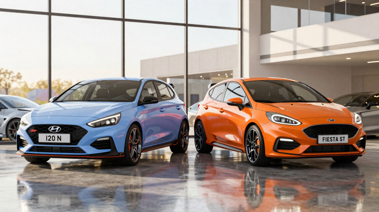 Blue Hyundai i20 N and orange Ford Fiesta ST parked inside a modern showroom with reflective polished floor.