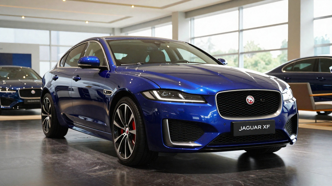 Blue Jaguar XF car displayed in a showroom with large windows and other cars in the background.