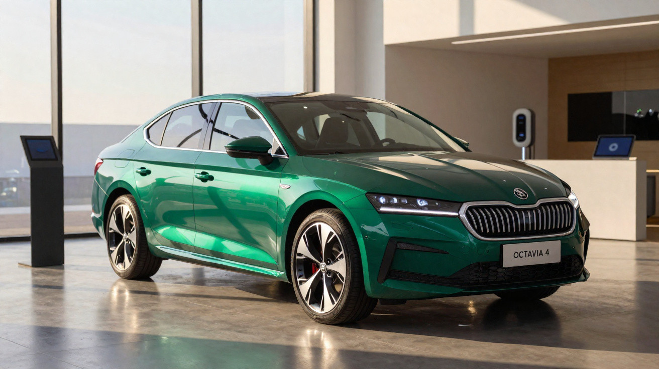 Green Skoda Octavia 4 sedan displayed indoors with sunlight casting reflections on polished concrete floor.