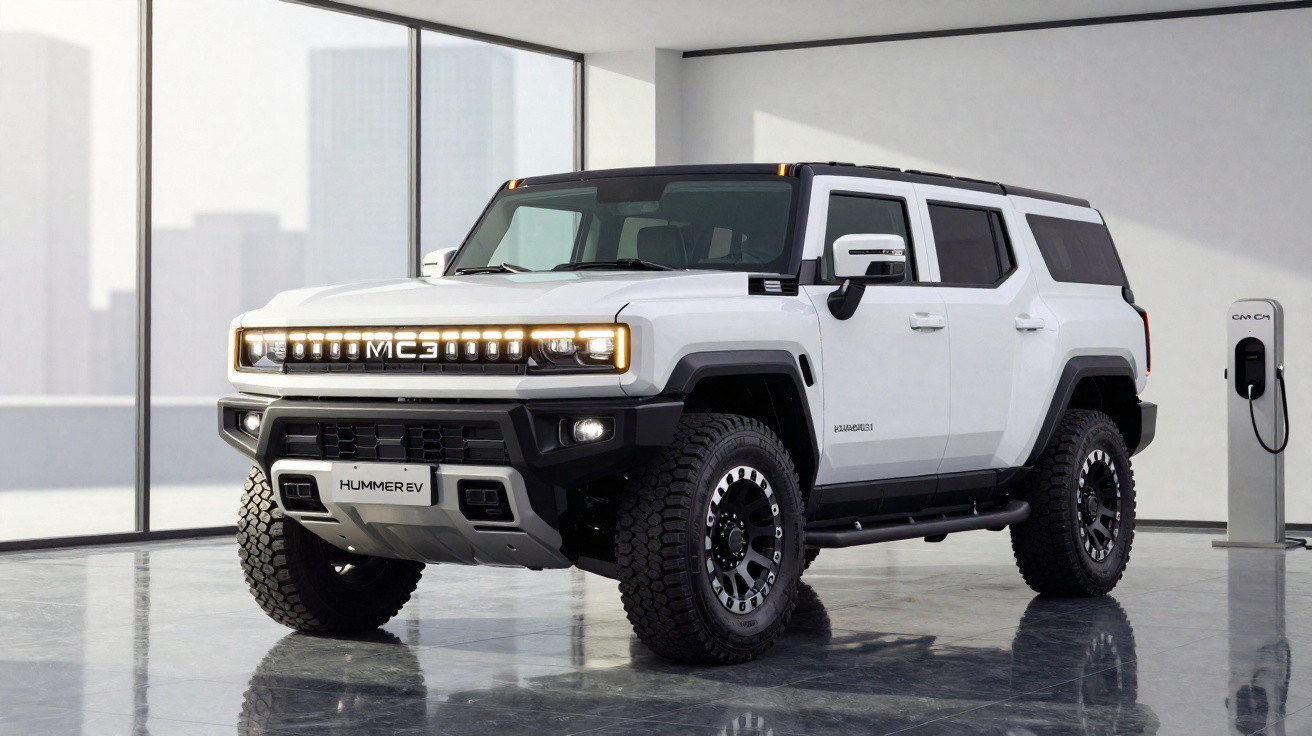 White electric Hummer EV SUV parked indoors next to a charging station with large windows in the background.