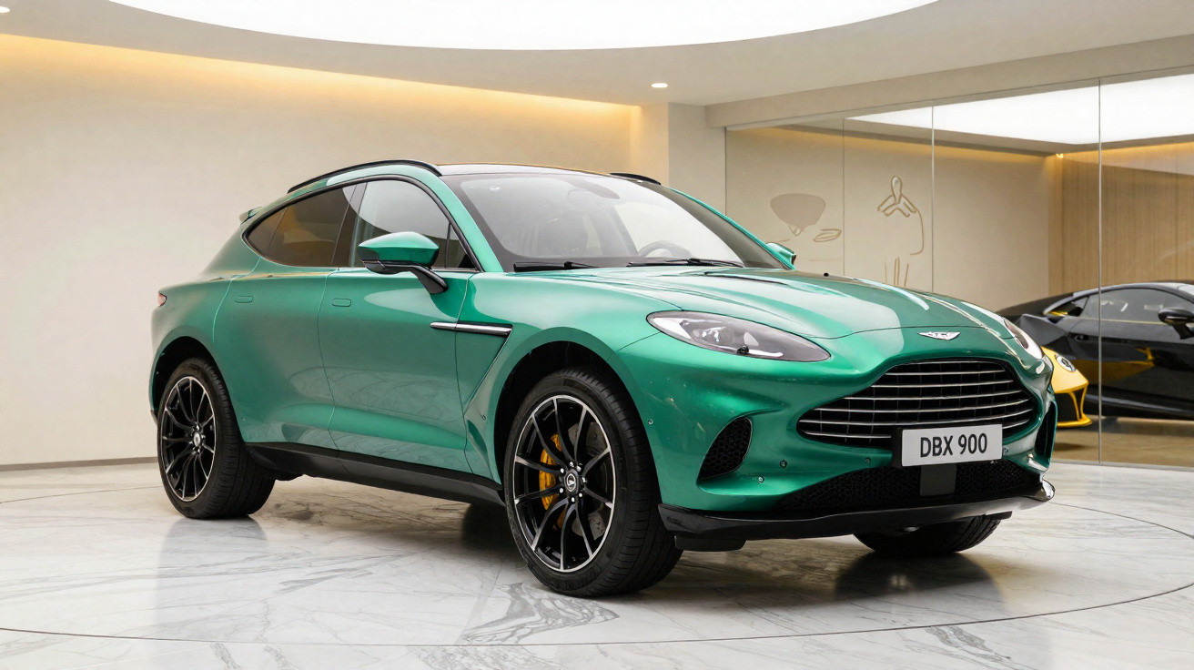 Green Aston Martin DBX 900 luxury SUV parked in a modern showroom with marble flooring and glass walls.