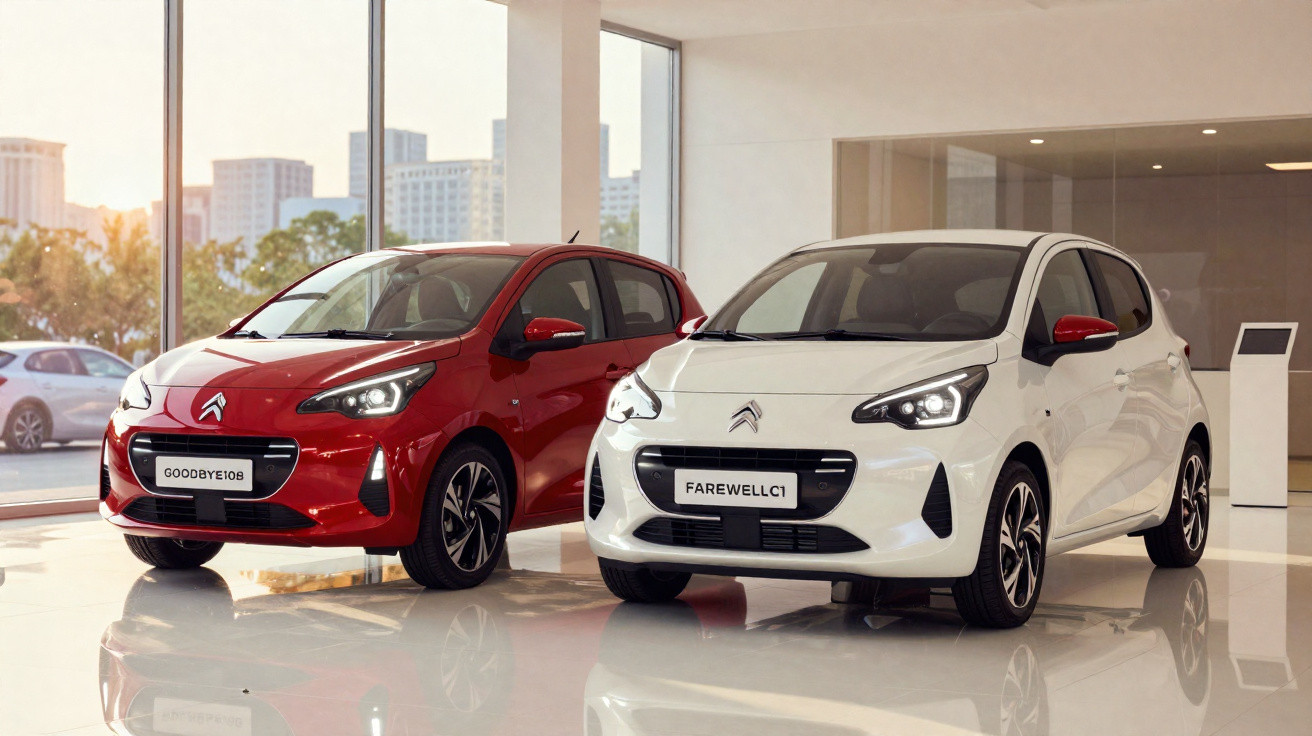 Red and white Citroën compact cars displayed side by side in a bright showroom with city views.