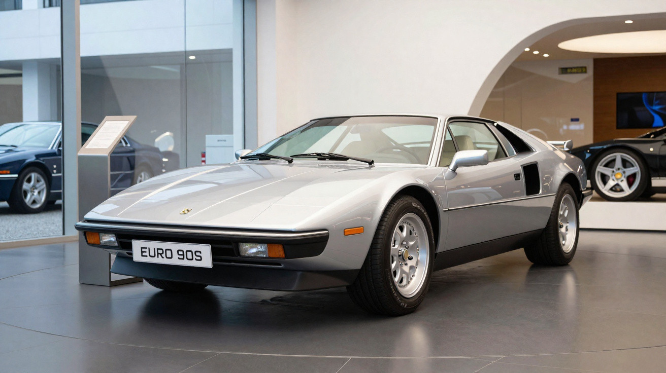 Silver Porsche Euro 90S classic sports car displayed indoors on a polished showroom floor.