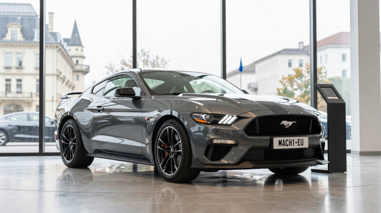 Grey Ford Mustang Mach-E GT electric car displayed indoors by large windows on polished floor
