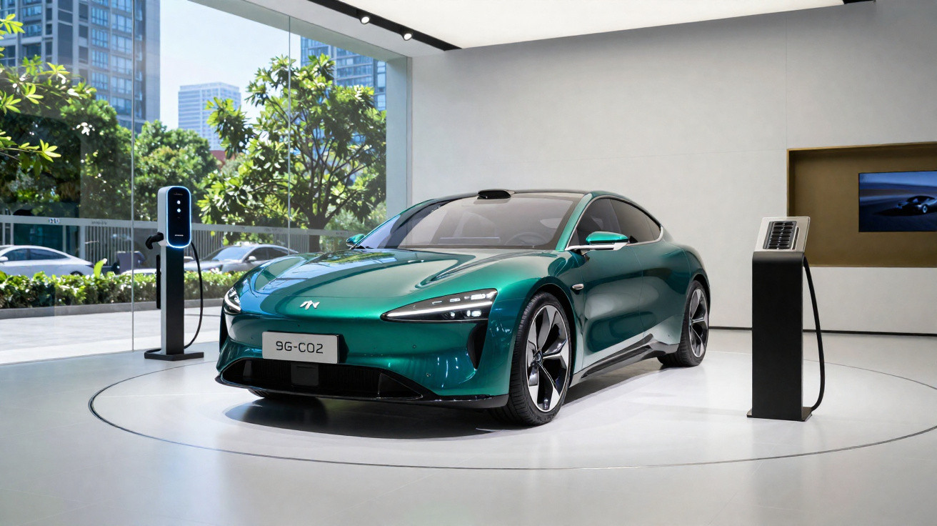 Sleek green electric car displayed indoors next to charging stations with city buildings visible outside glass windows.