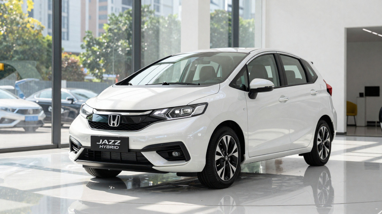 White Honda Jazz Hybrid hatchback car displayed in a bright showroom with large glass windows.