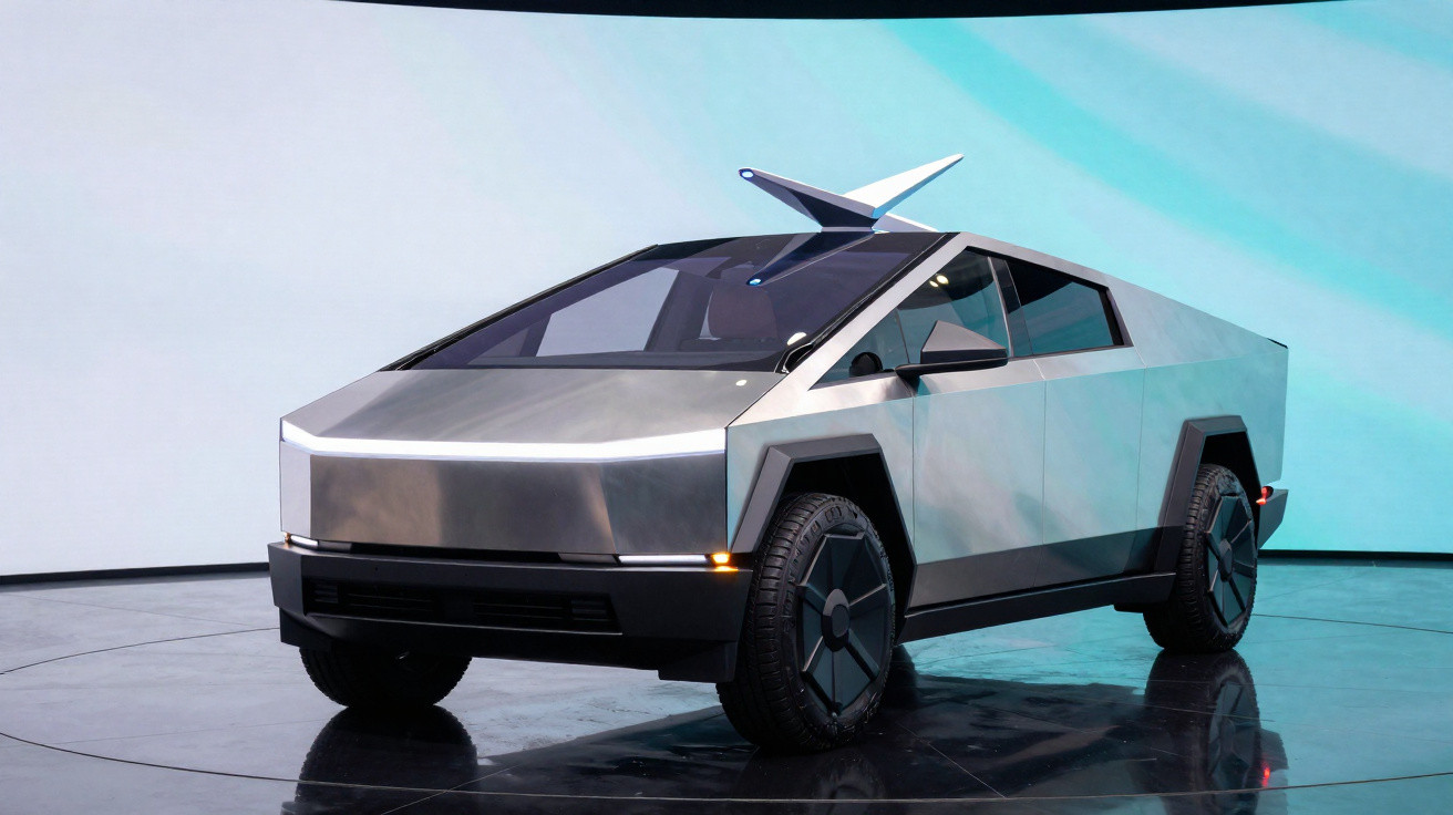 Futuristic silver Tesla Cybertruck with angular design displayed on a glossy black circular platform.