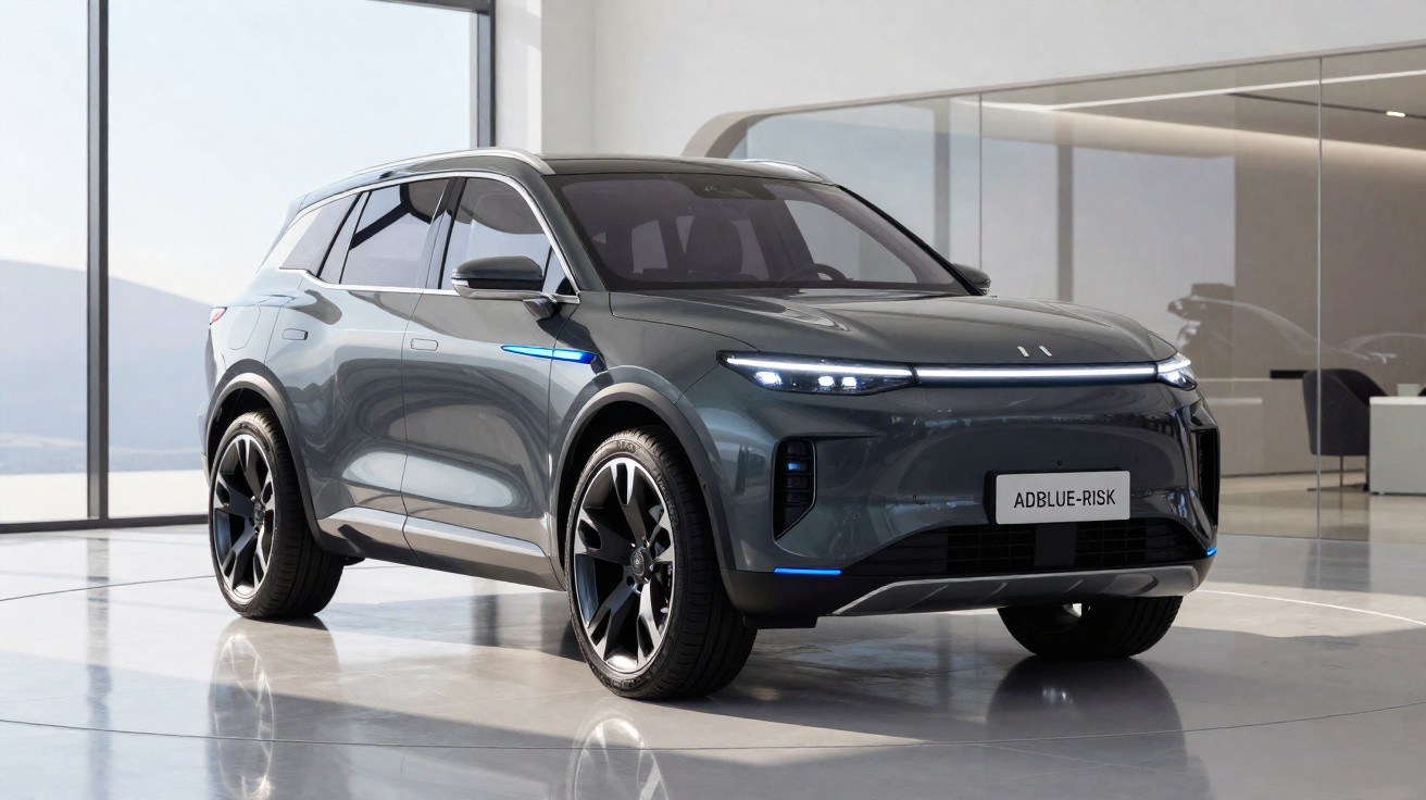 Dark grey modern electric SUV parked inside a bright showroom with large windows and glass walls.