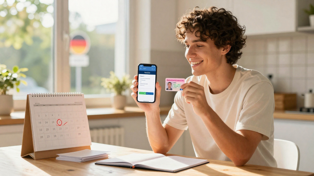 Young man holding smartphone and ID card in bright kitchen with calendar and notebook on table