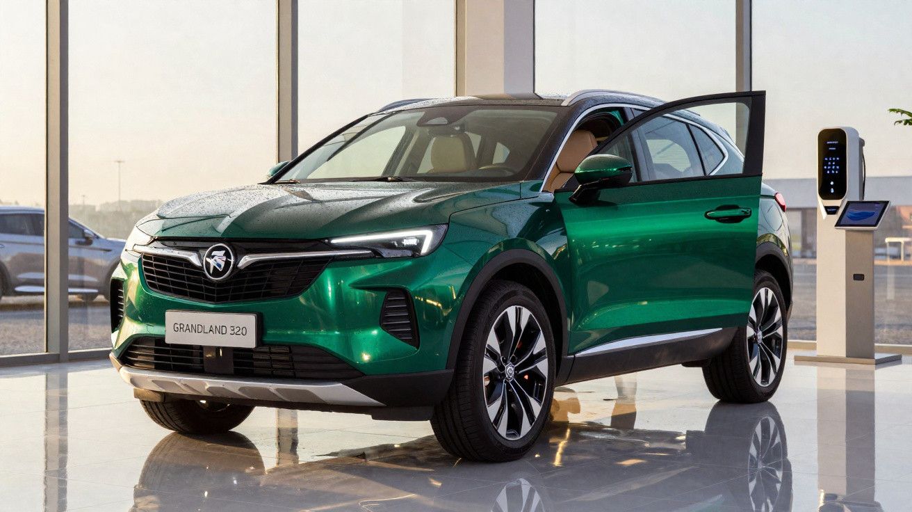 Green Vauxhall Grandland 320 electric SUV parked indoors with front passenger door open beside a charging station.