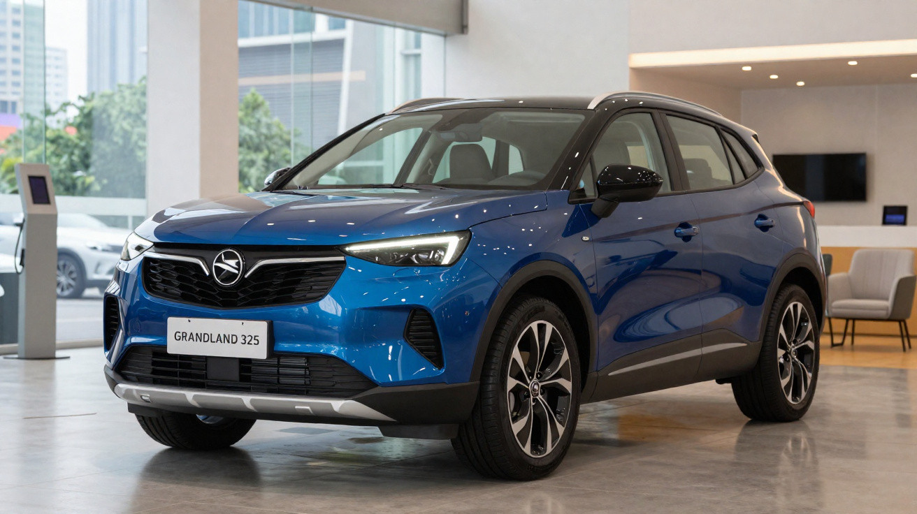 Blue Vauxhall Grandland 325 SUV parked indoors with modern furniture and city view in background.