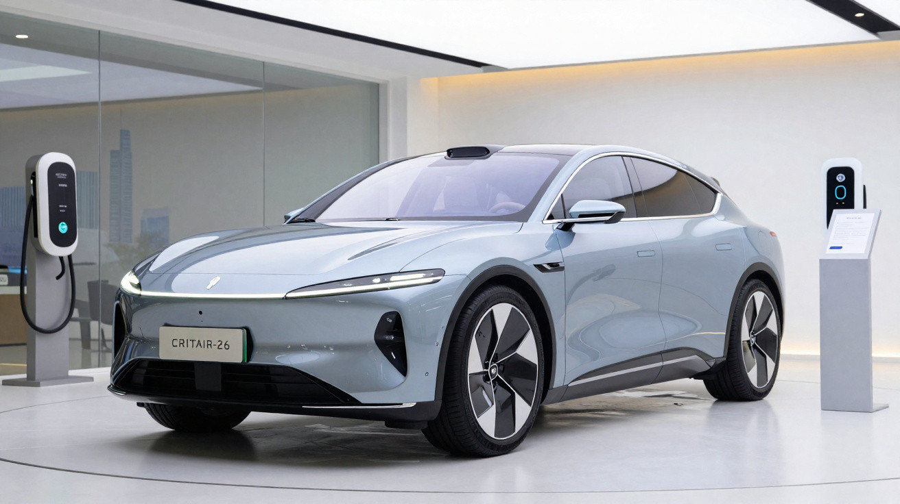 Sleek silver electric car CRITAIR-26 displayed indoors near charging stations in a modern showroom.