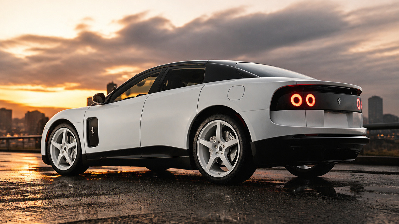 White and black Ferrari car with illuminated rear lights parked on a wet urban road at sunset.