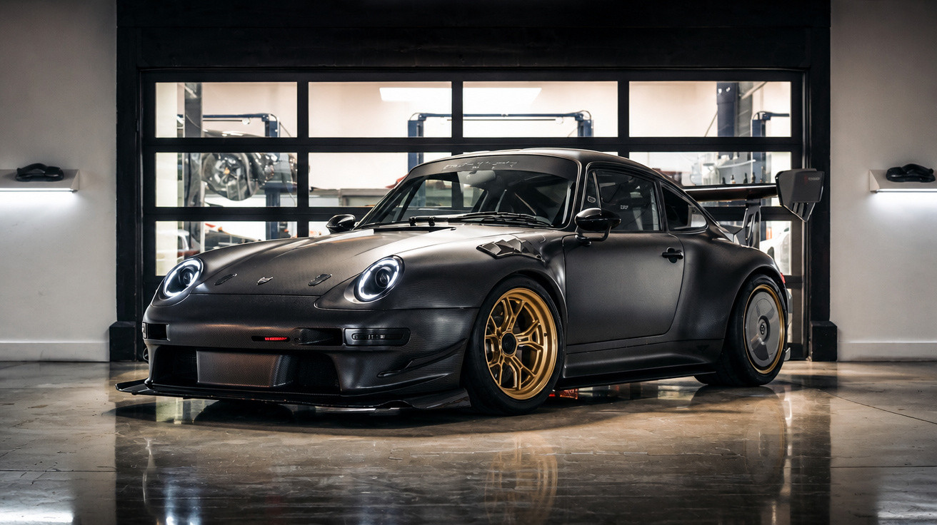 Matte black classic Porsche 911 with gold wheels and a large rear wing parked inside a garage.