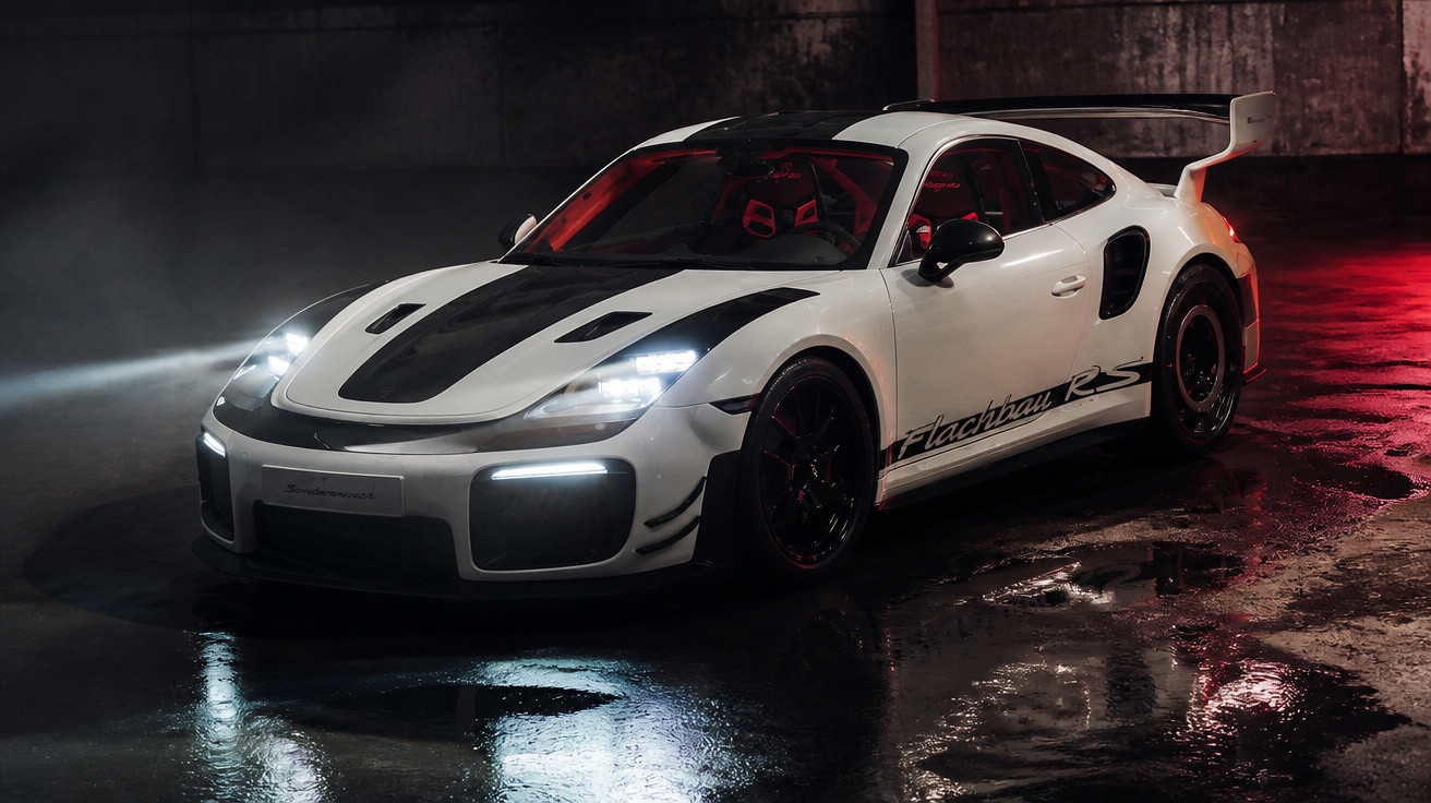 White and black Porsche Flachbau RS sports car with headlights on in a dimly lit wet garage.