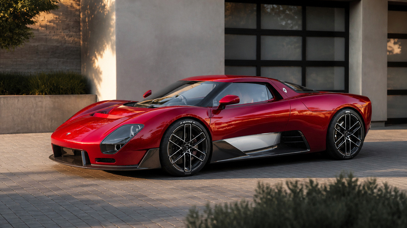 Shiny red sports car with sleek design parked on a driveway in front of a modern house.