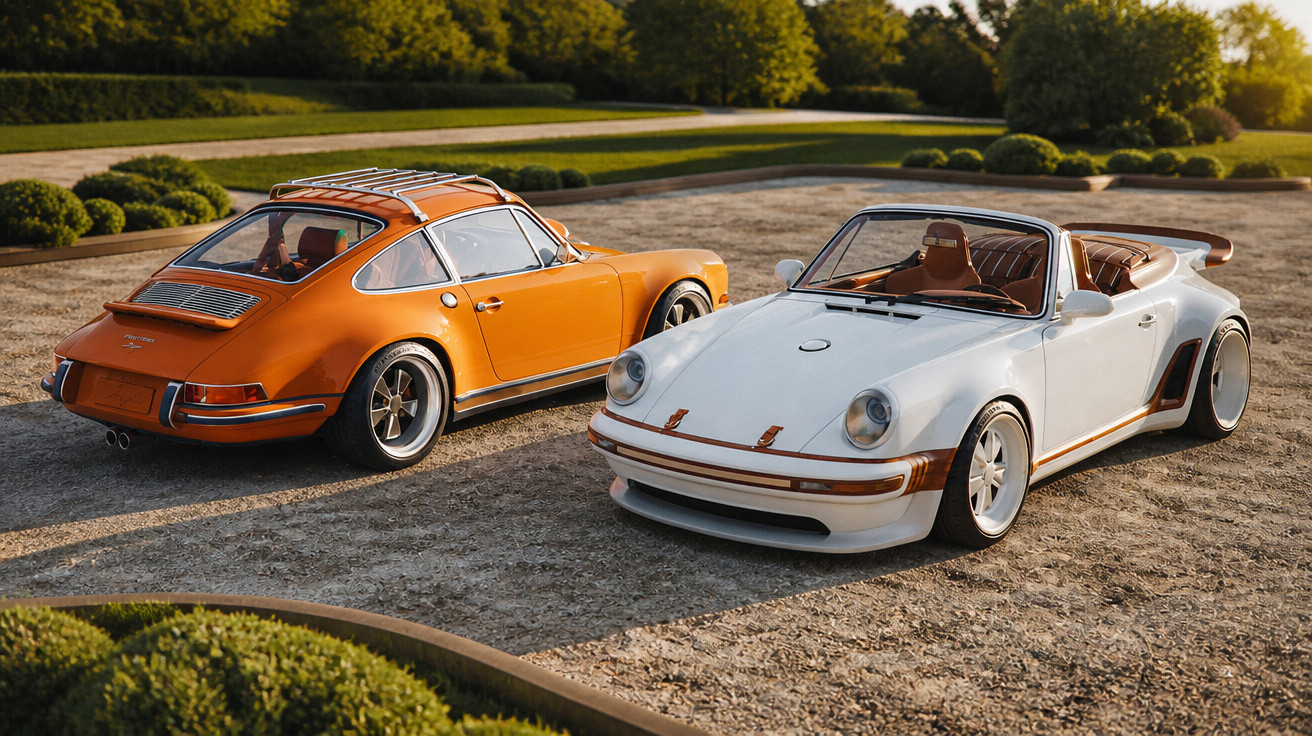 Two classic Porsche 911 sports cars, one orange coupe and one white convertible, parked on a gravel driveway.